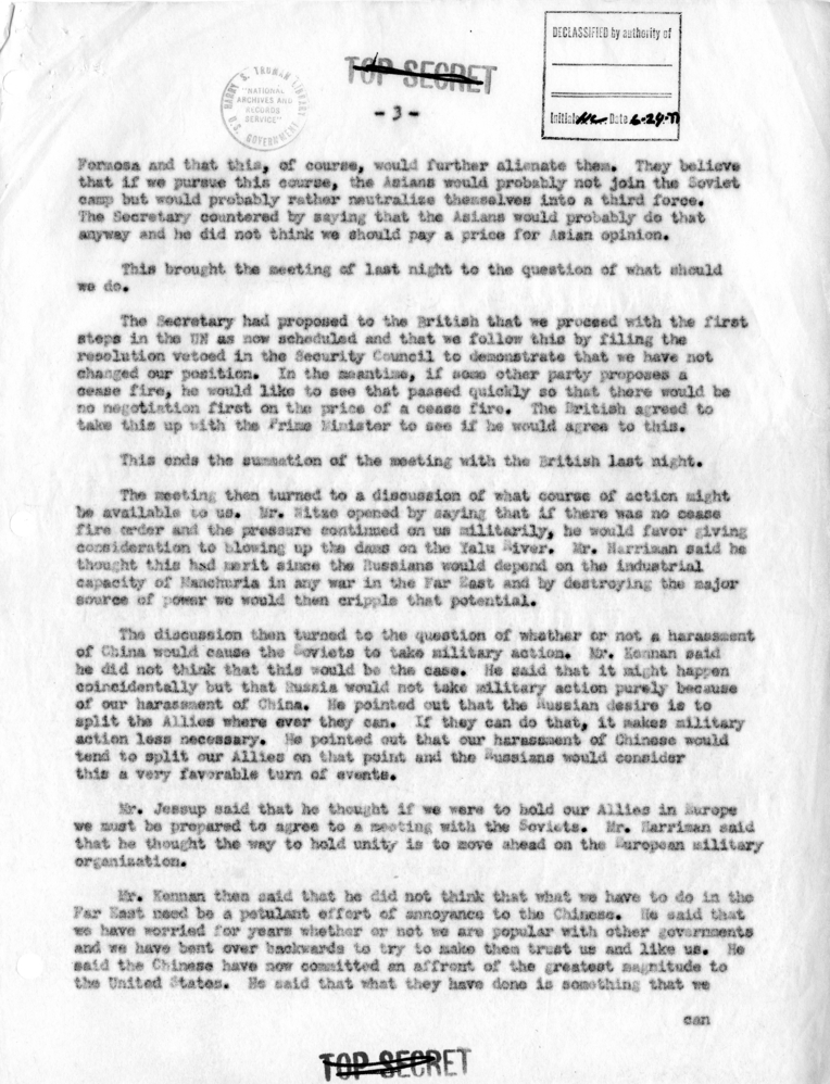 Memorandum of Conversation with James Webb, H. Freeman Matthews, Philip Jessup, Dean Rusk, Livingston Merchant, Paul Nitze, George Perkins, Averell Harriman, George Kennan, and William J. McWilliams