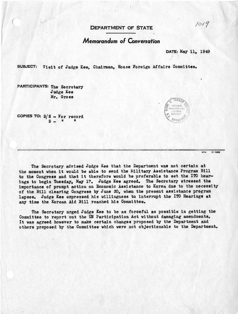 Memorandum of Conversation with Representative John Kee