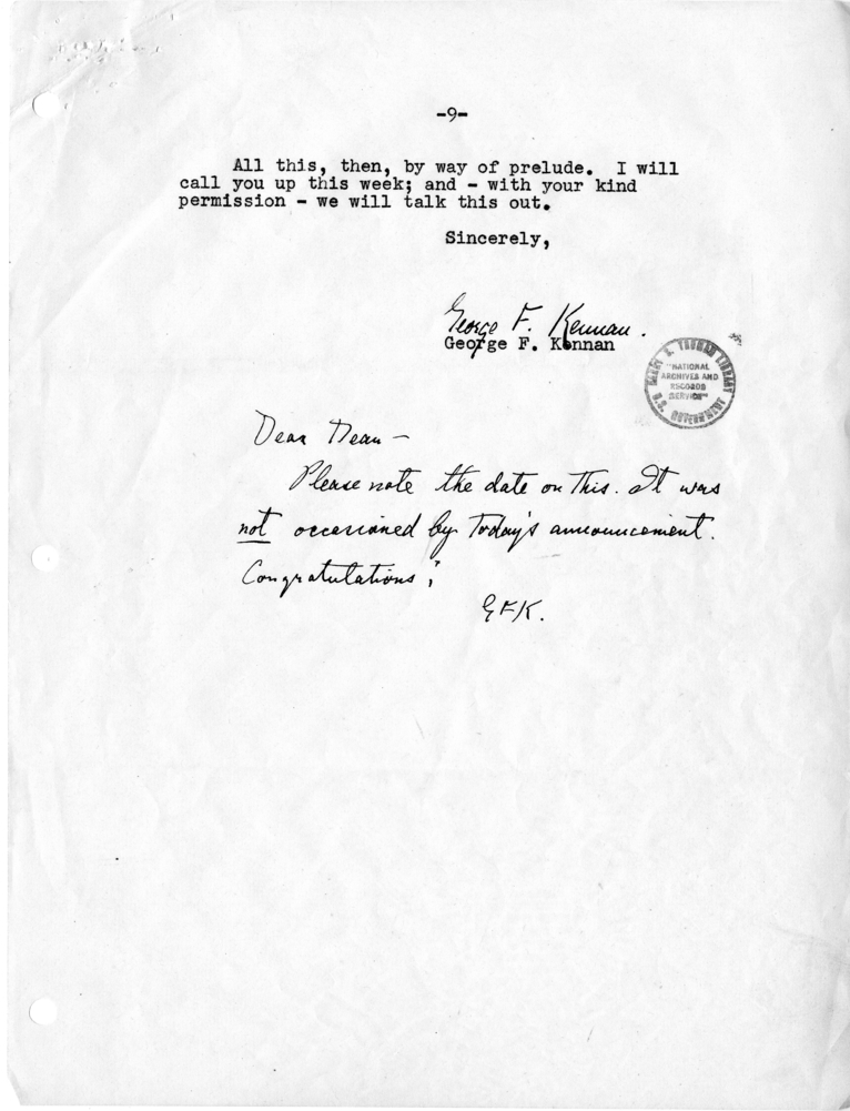 Letter, George Kennan to Dean Acheson