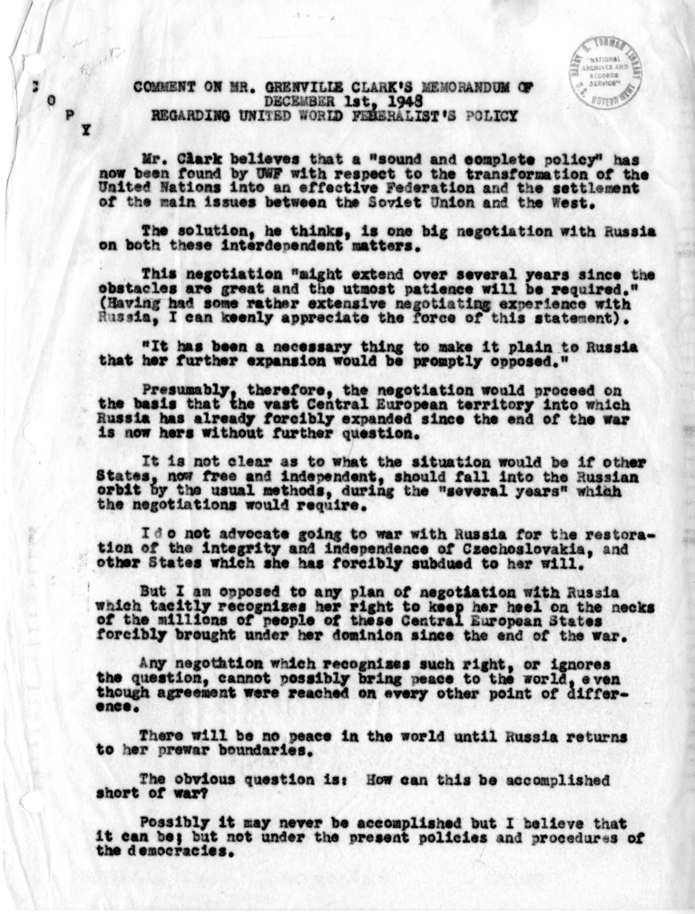 Comment by Will Clayton on Mr. Grenville Clark's Memorandum of December 1, 1948 Regarding United World Federalist's Policy