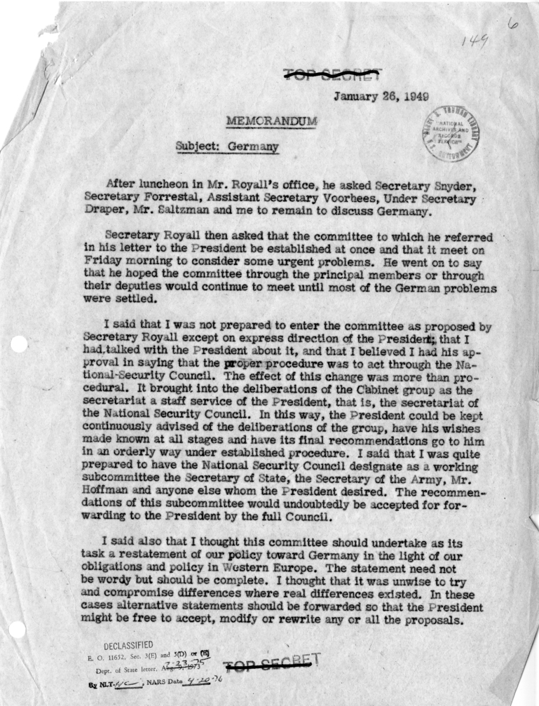 Memorandum of Conversation with Secretary of Defense James Forrestal, Secretary of the Treasury John Snyder and Others