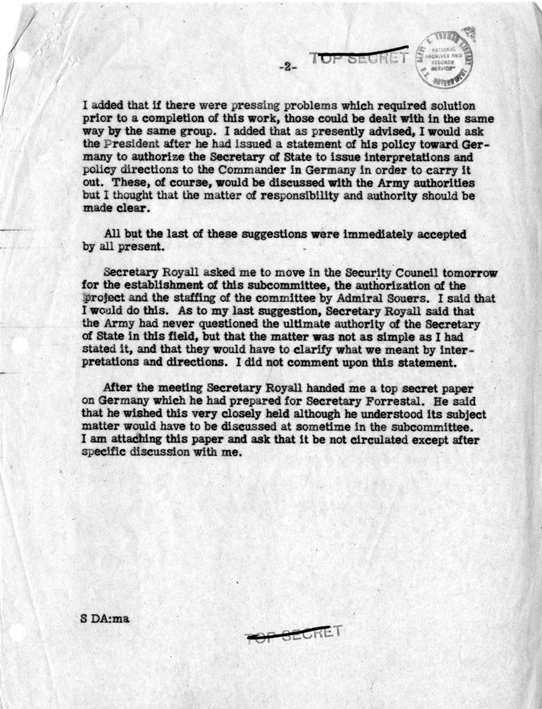 Memorandum of Conversation with Secretary of Defense James Forrestal, Secretary of the Treasury John Snyder and Others