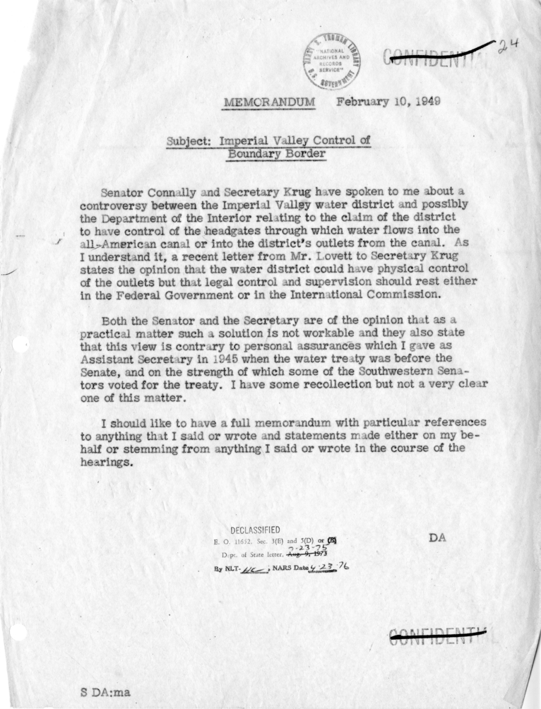 Memorandum of Conversation with Senator Tom Connally and Secretary Julius Krug