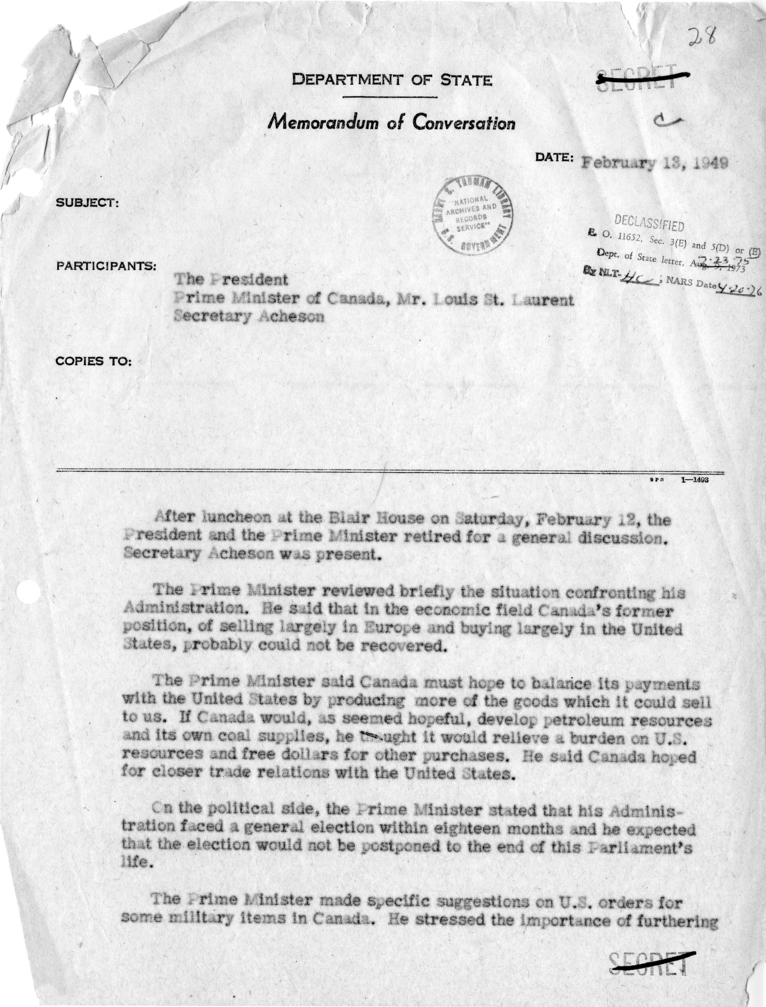 Memorandum of Conversation with the President and Prime Minister of Canada Mr. Louis St. Laurent