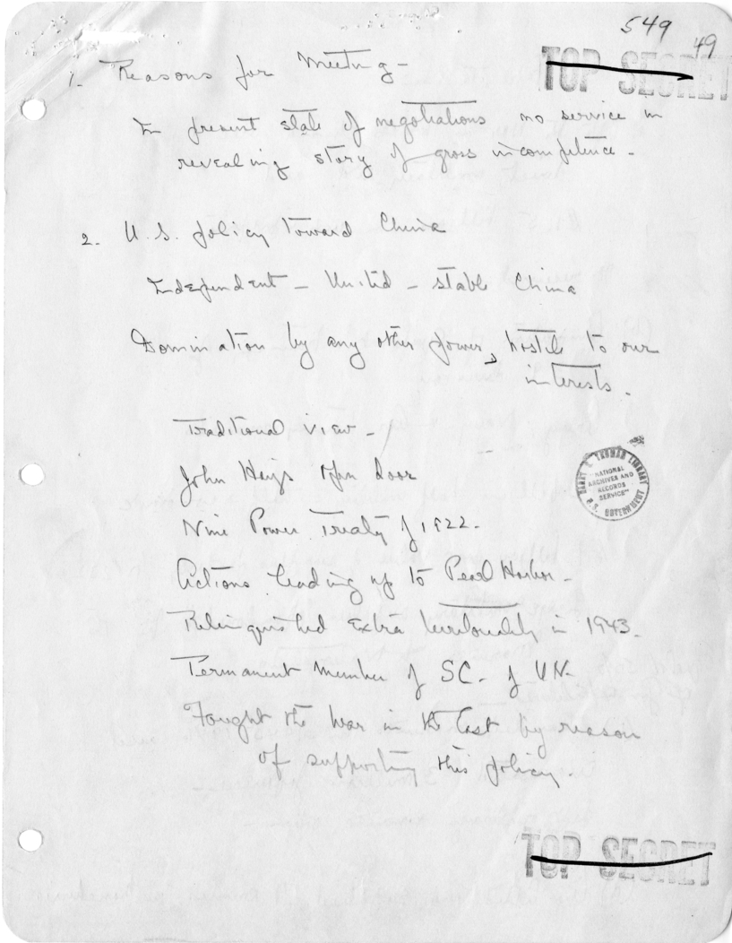 Secretary Dean Acheson's Handwritten Notes for Meeting with Republican Congressmen
