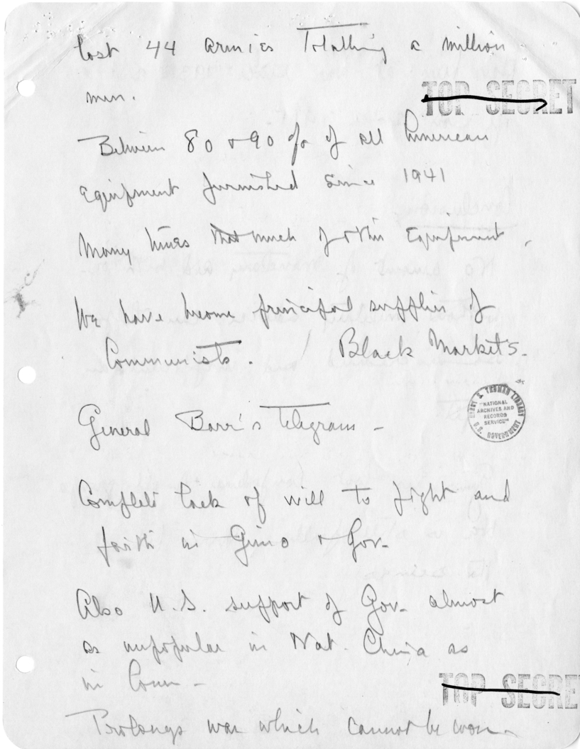 Secretary Dean Acheson's Handwritten Notes for Meeting with Republican Congressmen