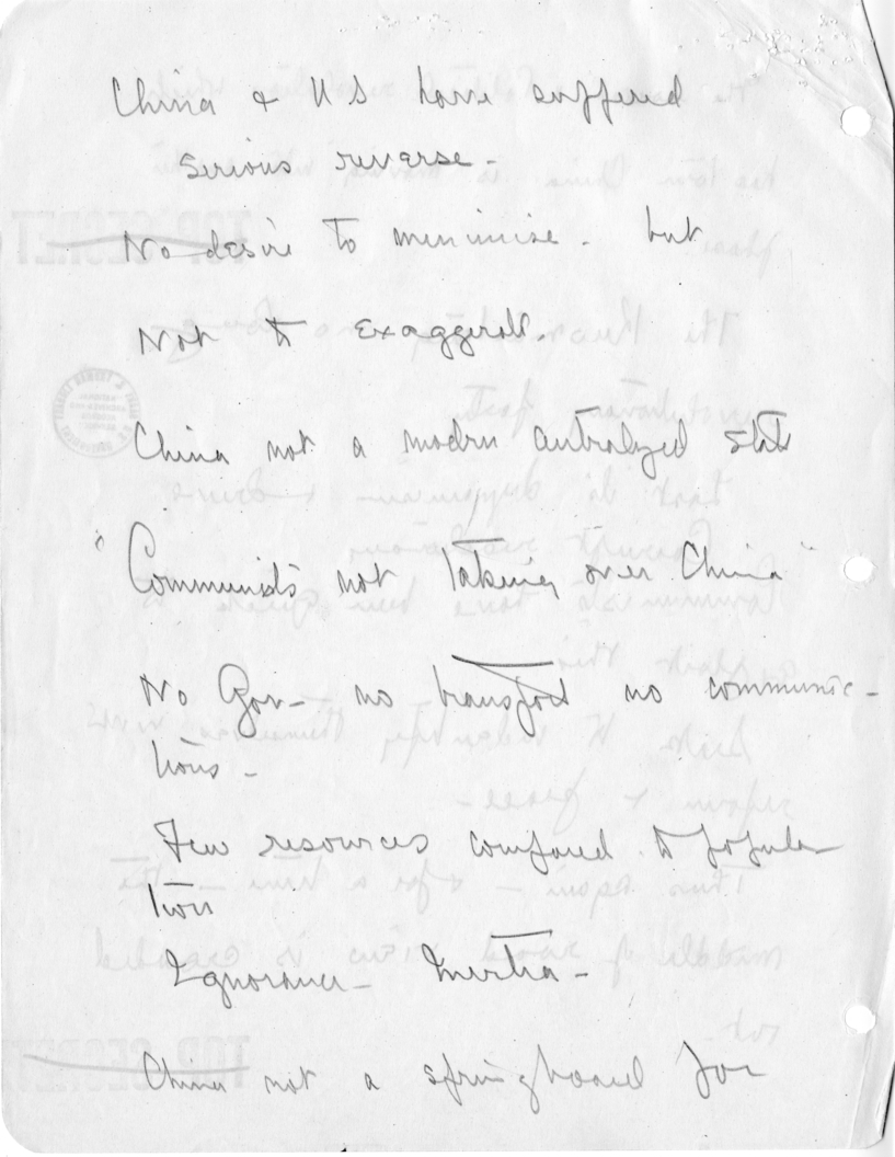 Secretary Dean Acheson's Handwritten Notes for Meeting with Republican Congressmen