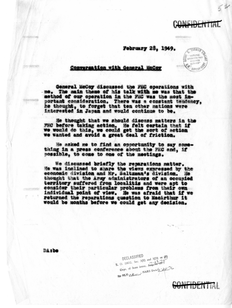 Memorandum of Conversation with General McCoy