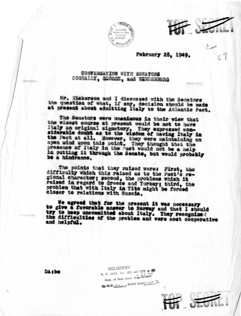 Memorandum of Conversation with Senators Tom Connally, Walter George, and Arthur Vandenberg