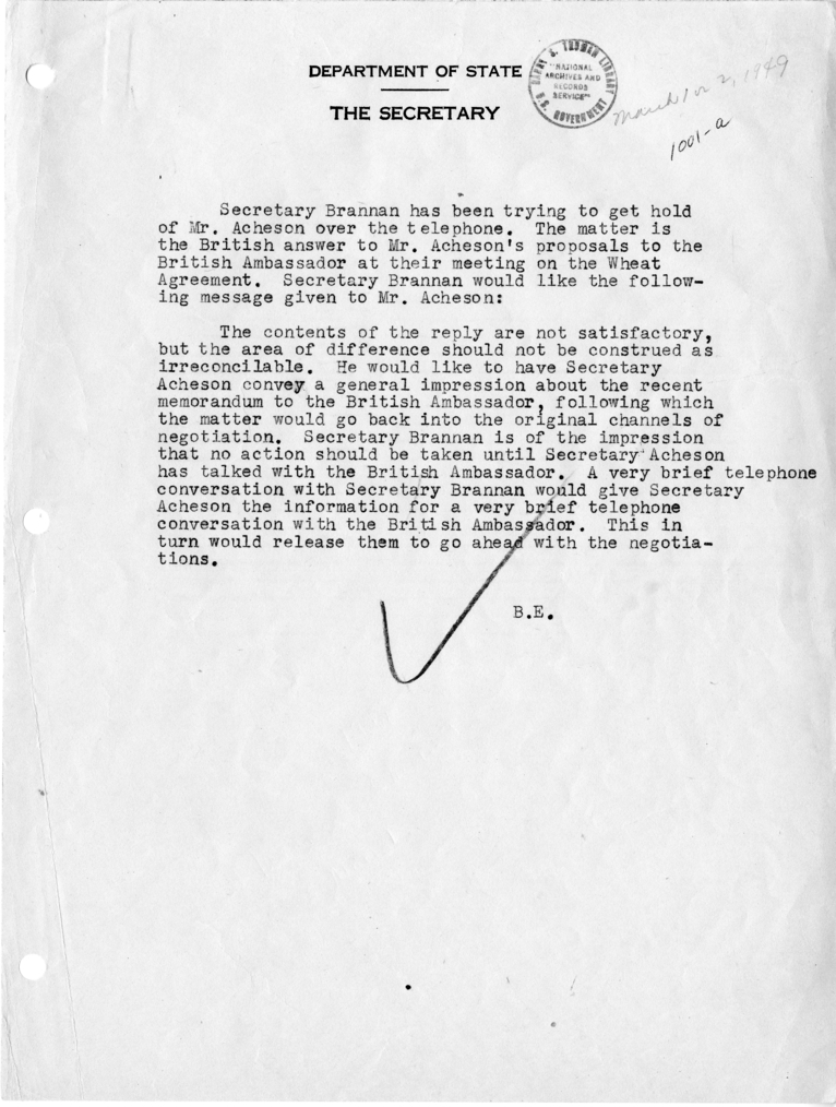 Memorandum of Conversation with Secretary Charles Brannan