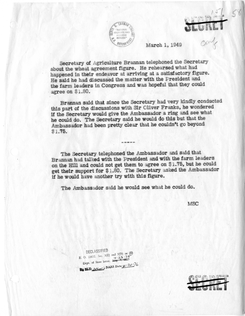 Memorandum of Conversation with Secretary Charles Brannan