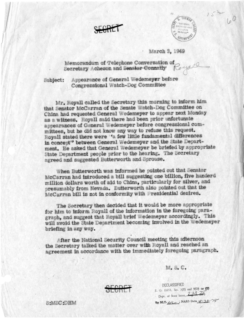 Memorandum of Conversation with Mr. Kenneth Royall