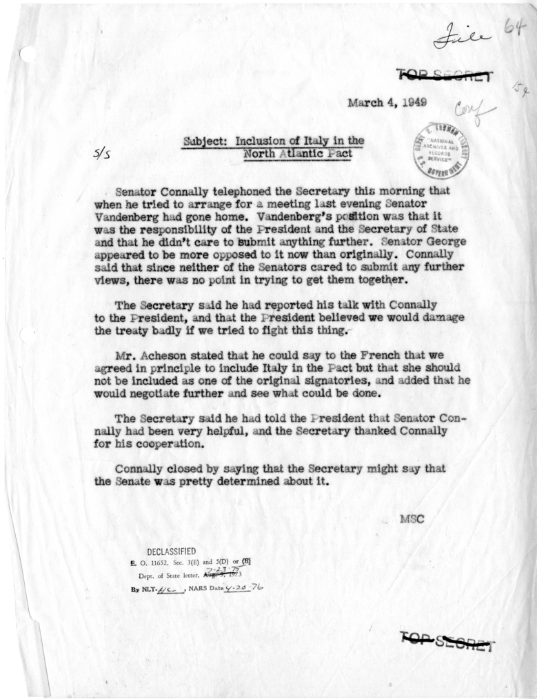 Memorandum of Conversation with Senator Tom Connally