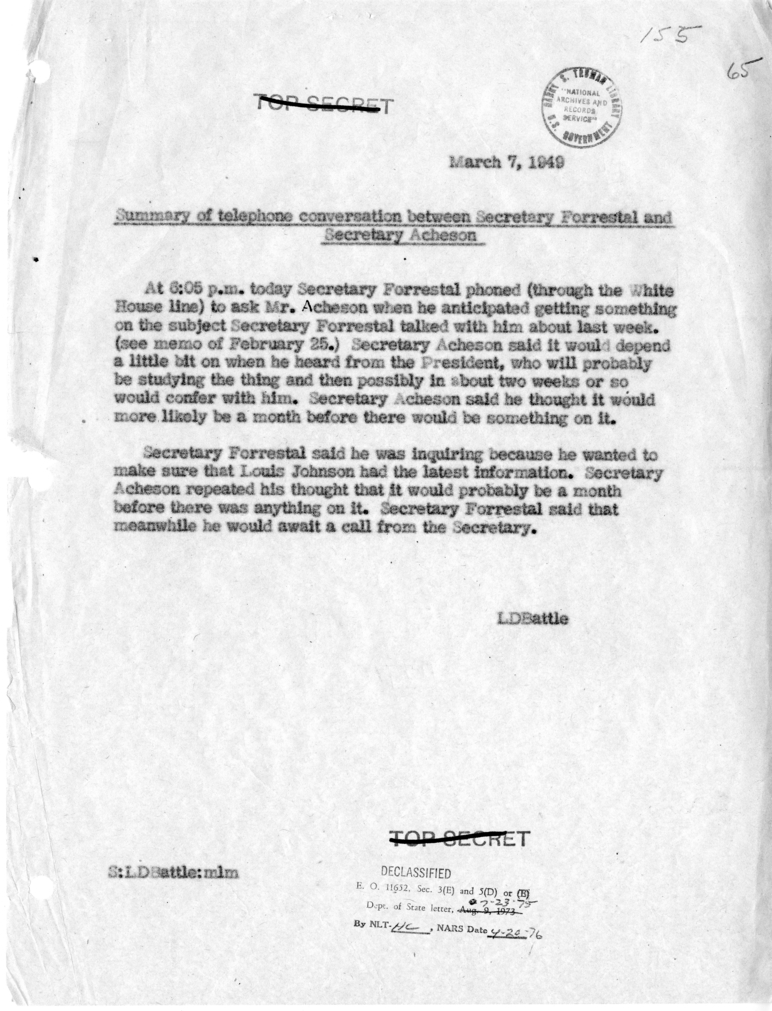 Memorandum of Conversation with Secretary James Forrestal