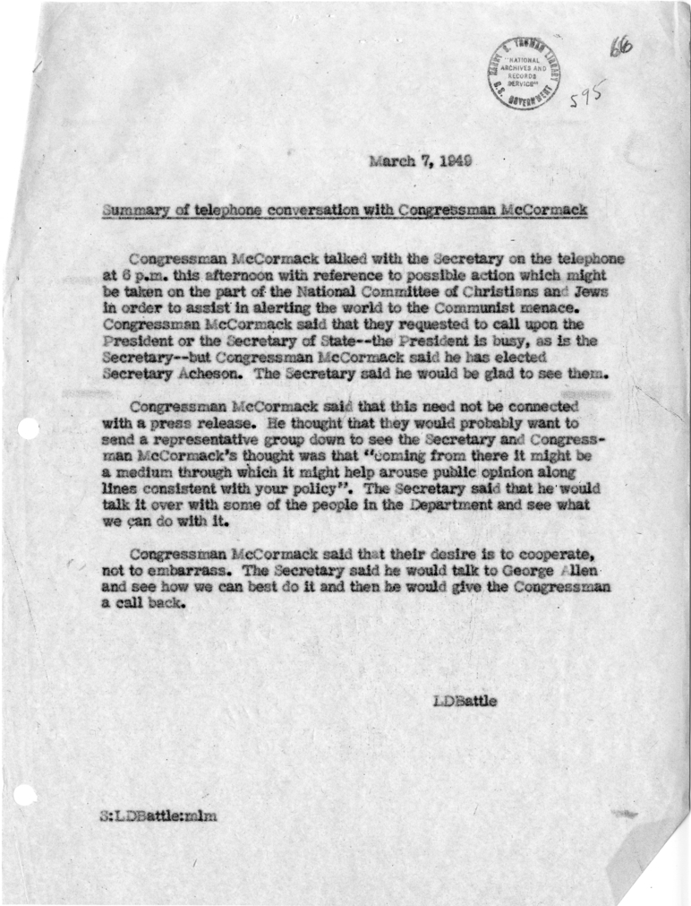 Memorandum of Conversation with Congressman John McCormack