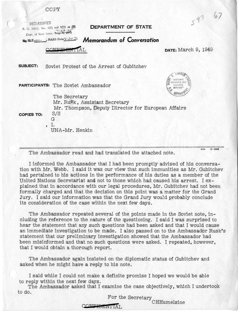 Memorandum of Conversation with the Soviet Ambassador and Others