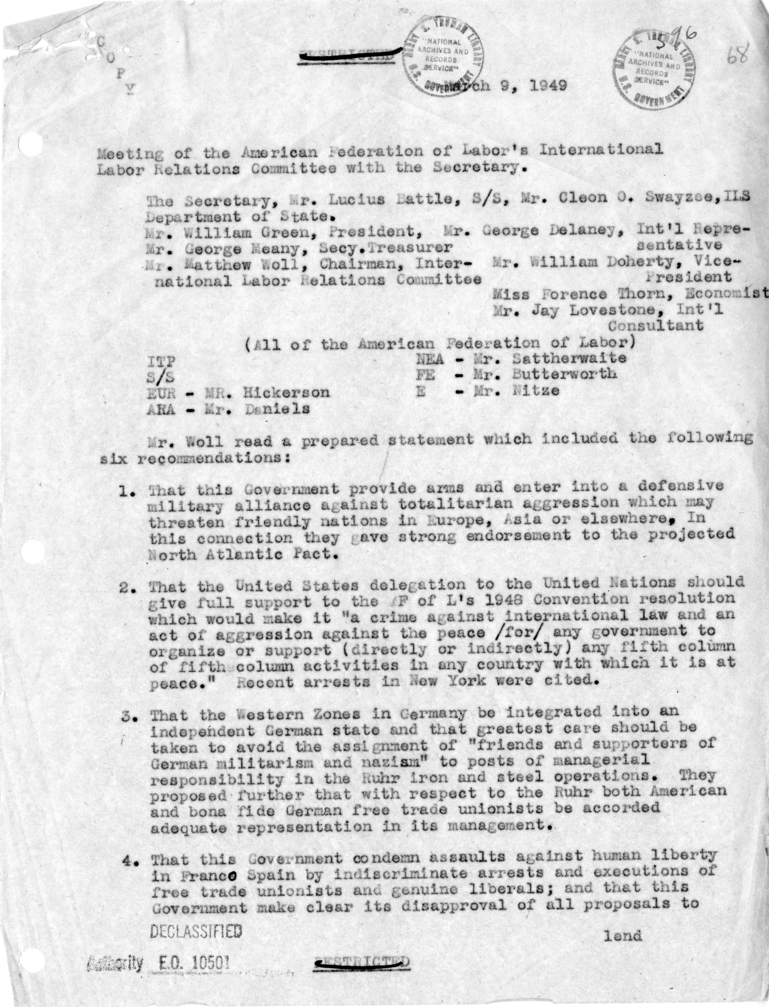 Memorandum of Meeting with American Federation of Labor's International Labor Relations Committee