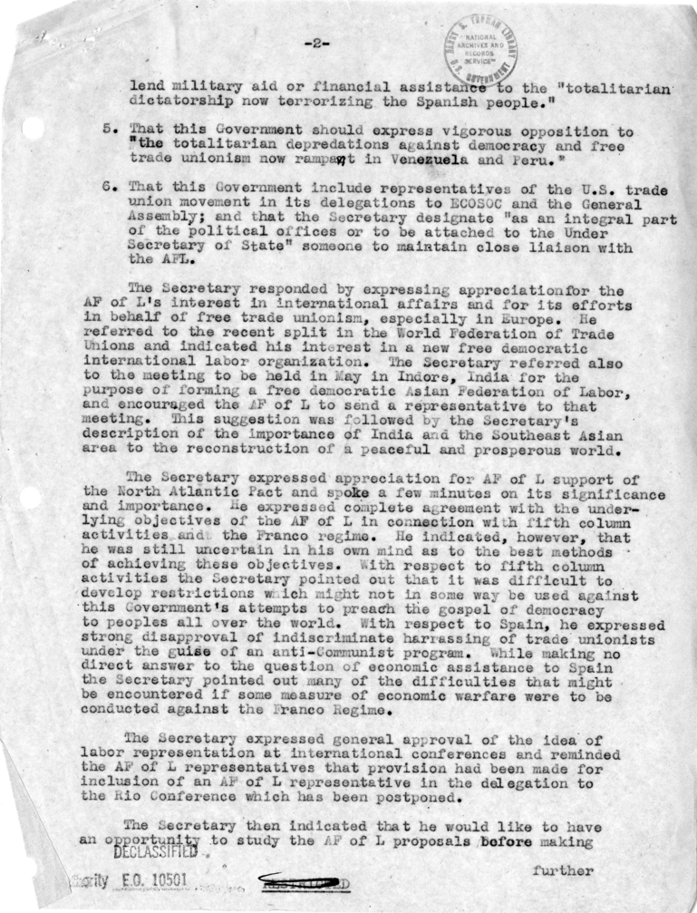 Memorandum of Meeting with American Federation of Labor's International Labor Relations Committee