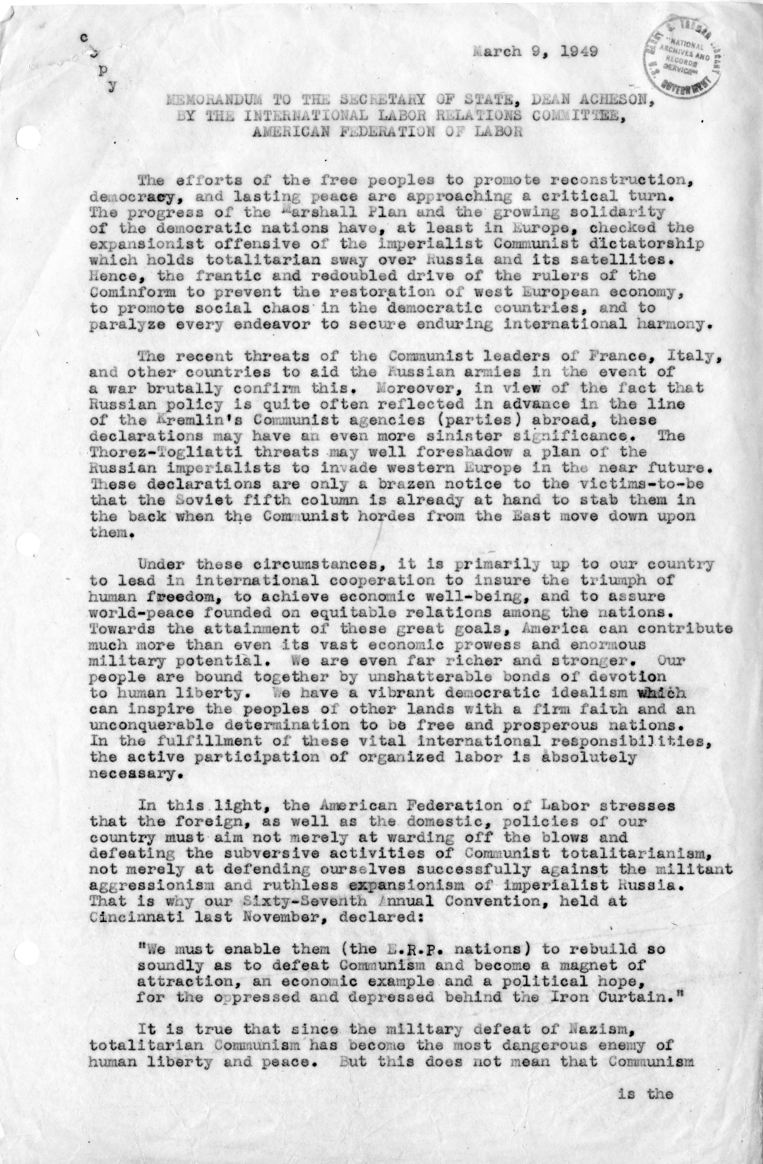 Memorandum to Secretary of State Dean Acheson by the International Labor Relations Committee, American Federation of Labor
