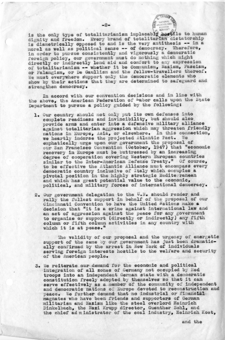 Memorandum to Secretary of State Dean Acheson by the International Labor Relations Committee, American Federation of Labor