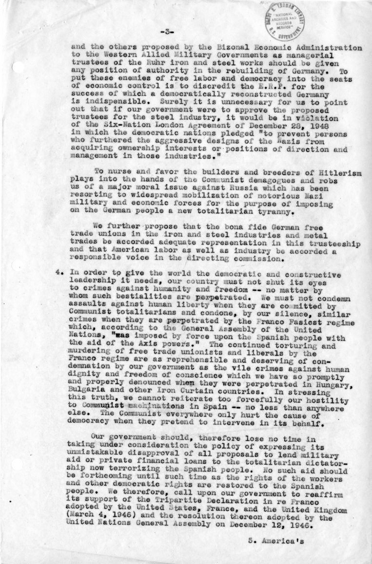 Memorandum to Secretary of State Dean Acheson by the International Labor Relations Committee, American Federation of Labor