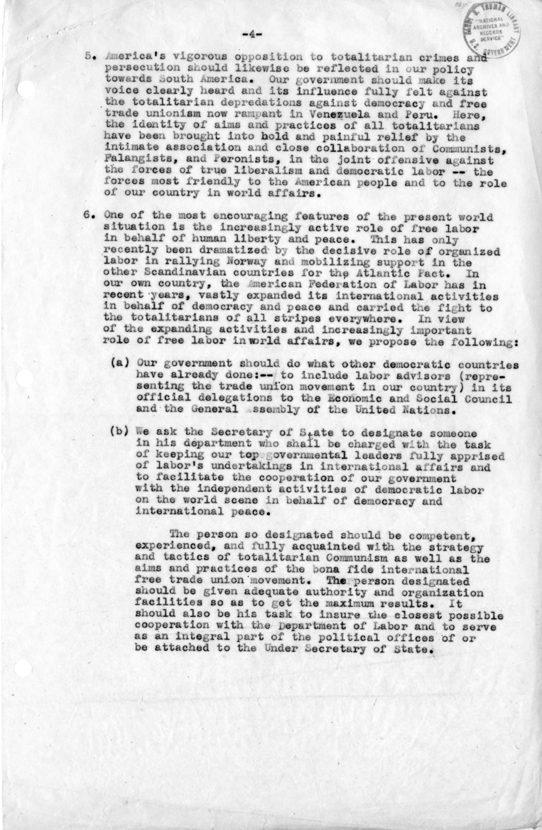 Memorandum to Secretary of State Dean Acheson by the International Labor Relations Committee, American Federation of Labor