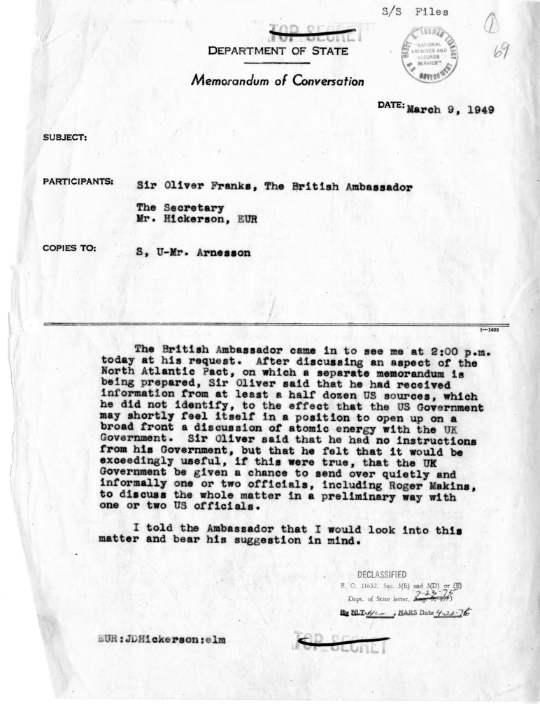 Memorandum of Conversation with British Ambassador Sir Oliver Franks