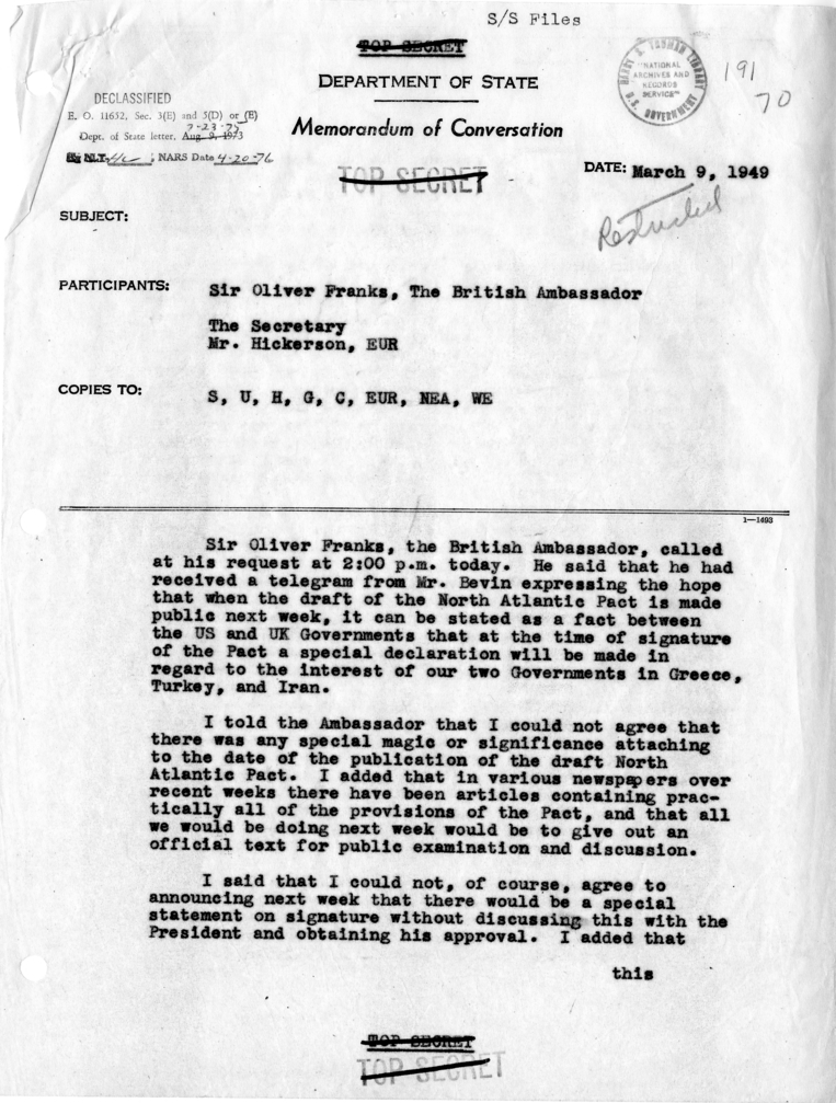 Memorandum of Conversation with Sir Oliver Franks