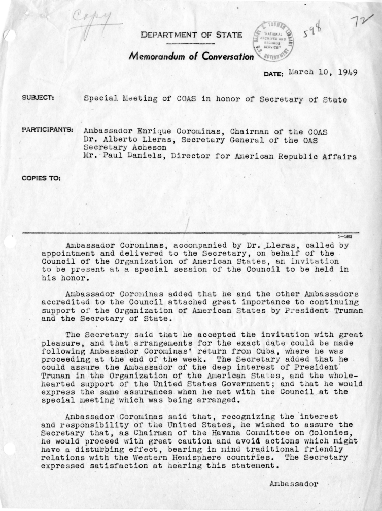 Memorandum of Conversation with Council of the Organization of American States