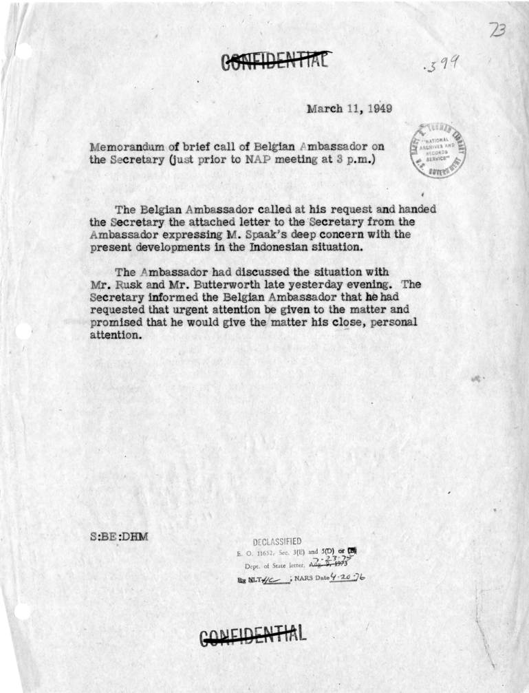 Memorandum of Conversation with the Ambassador of Belgium