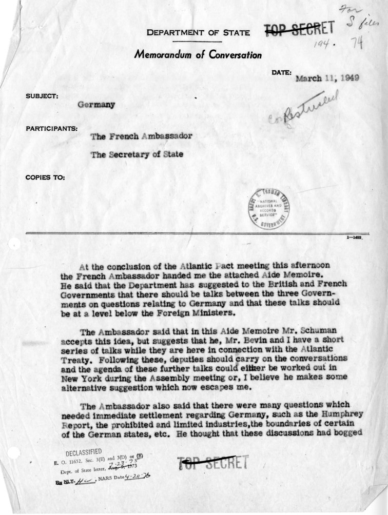 Memorandum of Conversation with the Ambassador of France