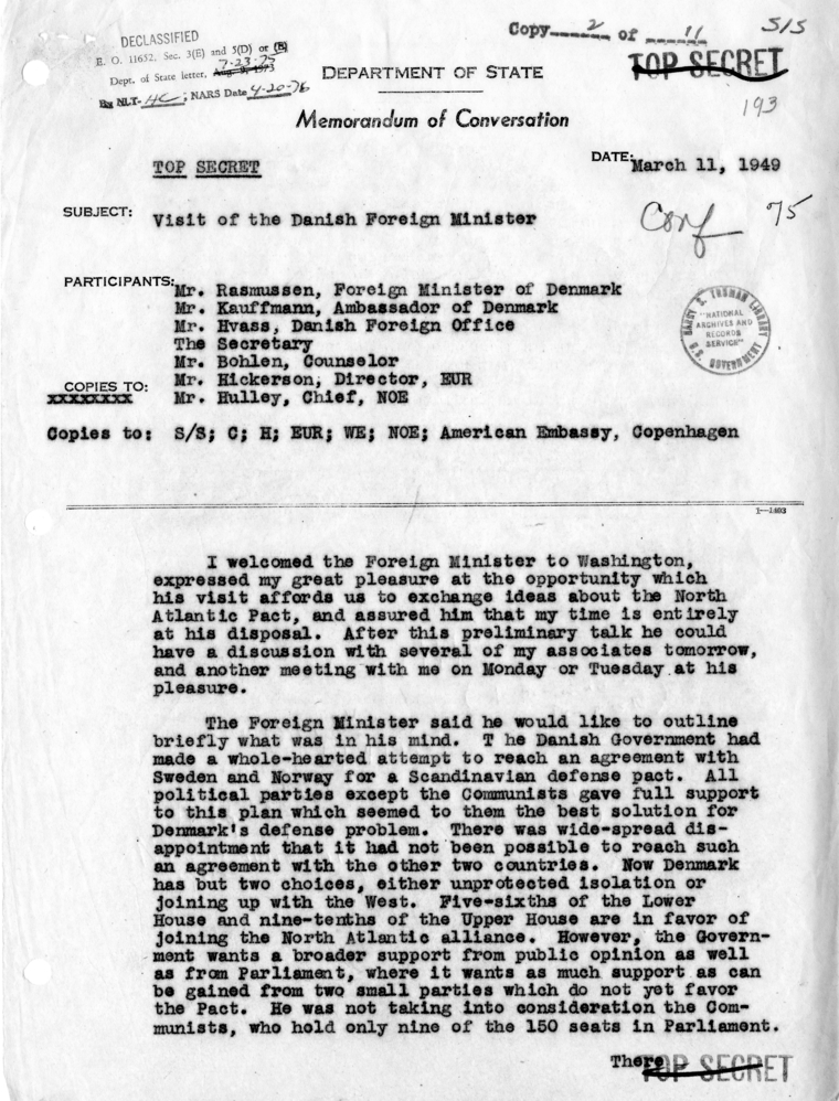 Memorandum of Conversation with the Foreign Minister of Denmark and Others
