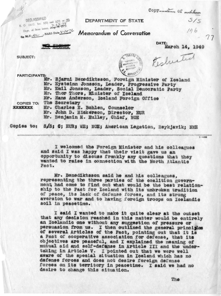 Memorandum of Conversation with the Foreign Minister of Iceland and Others