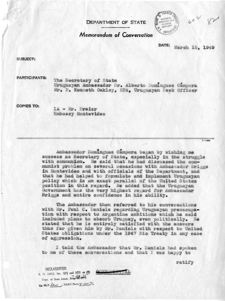 Memorandum of Conversation with the Ambassador of Uruguay and Others