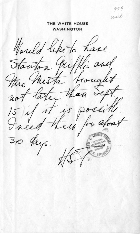 Handwritten Note from Harry S. Truman to Dean Acheson