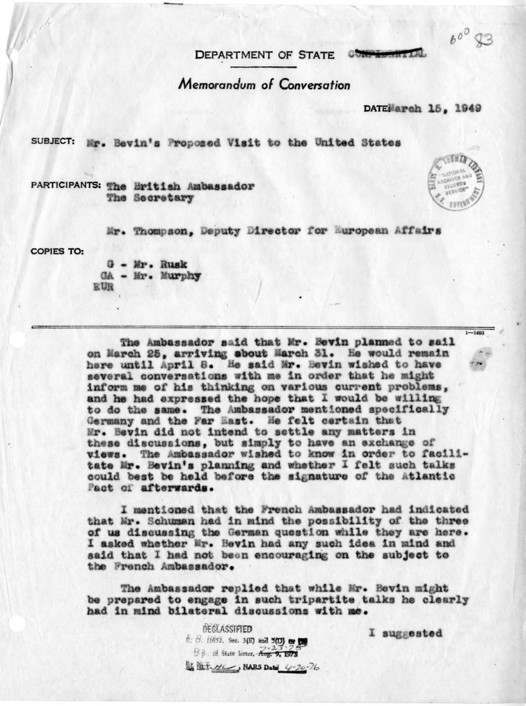 Memorandum of Conversation with the British Ambassador