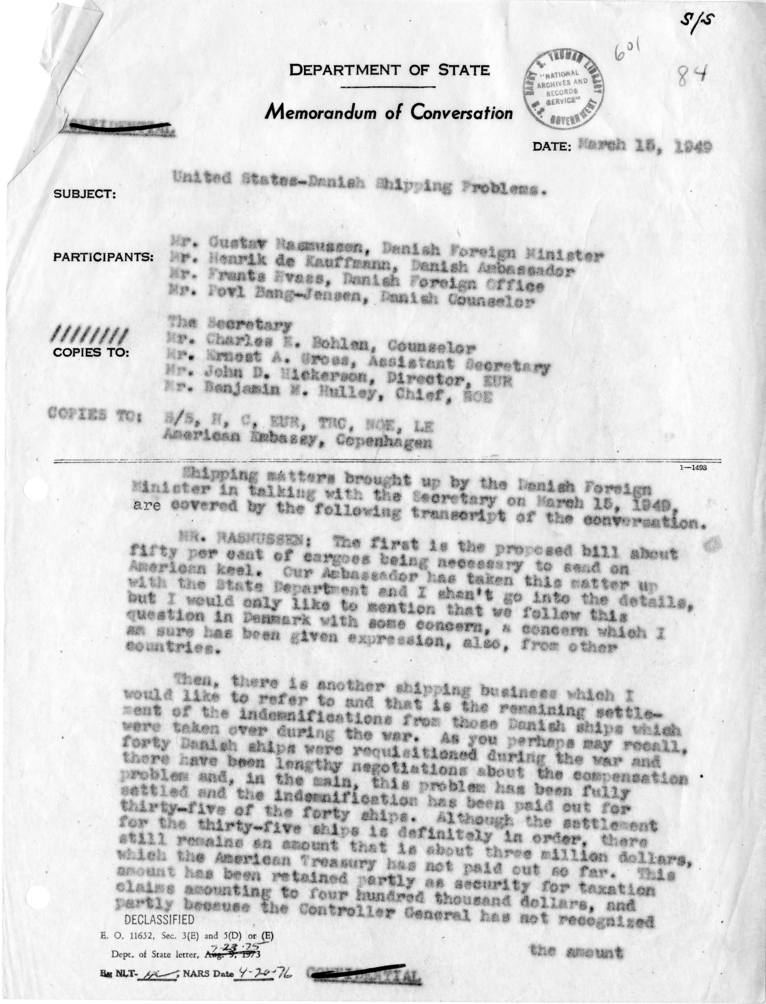 Memorandum of Conversation with the Foreign Minister of Denmark and Others
