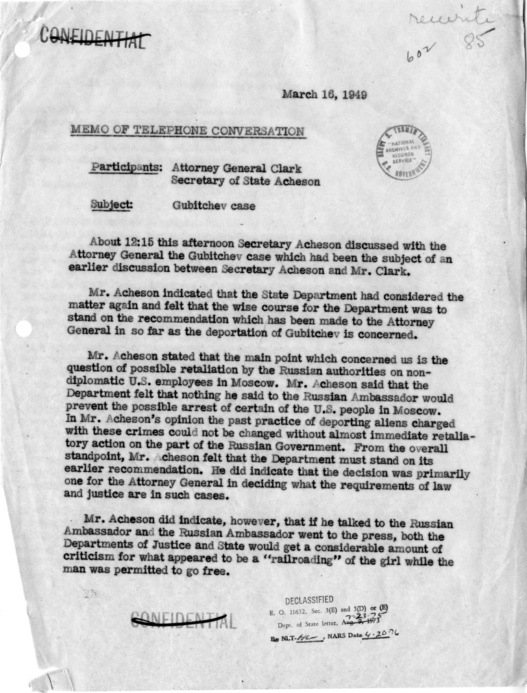 Memorandum of Conversation with Attorney General Tom Clark