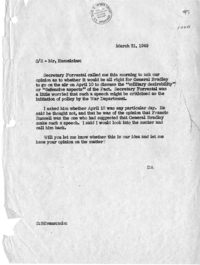 Memorandum of Conversation with Secretary James Forrestal