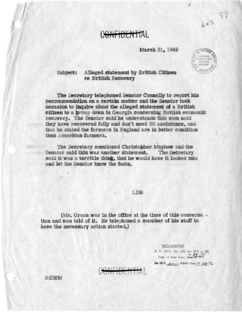 Memorandum of Conversation with Senator Tom Connally