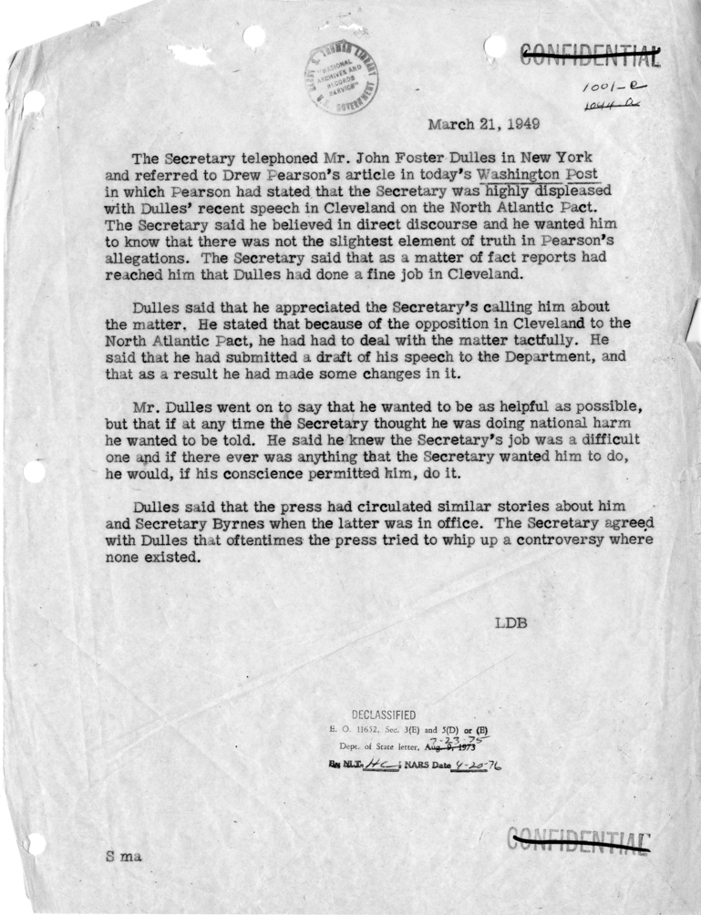 Memorandum of Conversation with Mr. John Foster Dulles