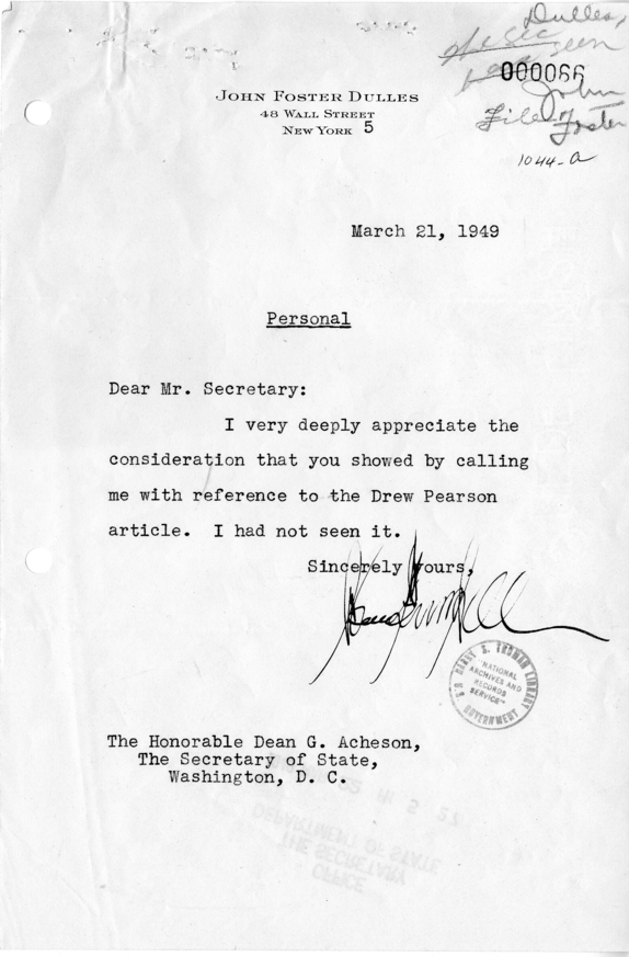 Letter to Dean Acheson from John Foster Dulles