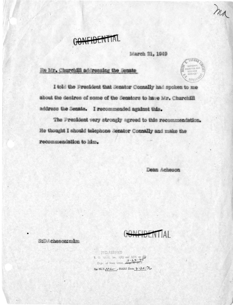 Memorandum of Conversation with Senator Tom Connally