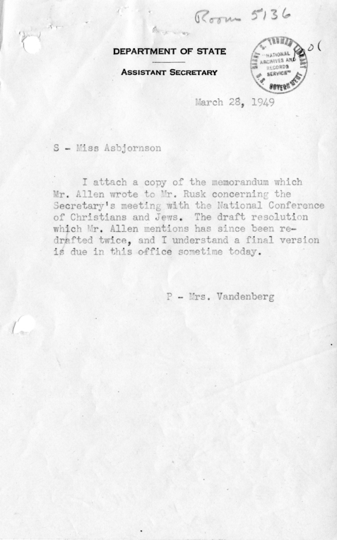 Memorandum of Conversation with a Delegation Representing the National Conference of Christians and Jews with Attached Note