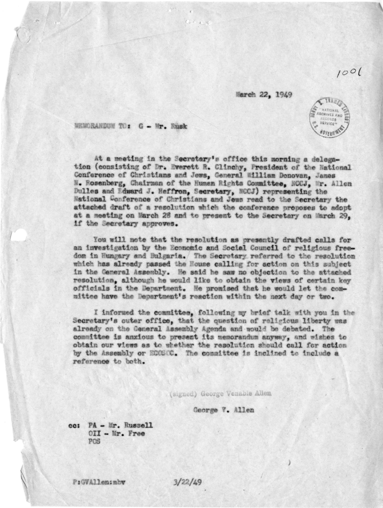 Memorandum of Conversation with a Delegation Representing the National Conference of Christians and Jews with Attached Note