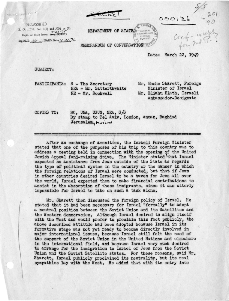 Memorandum of Conversation with the Foreign Minister of Israel and Others