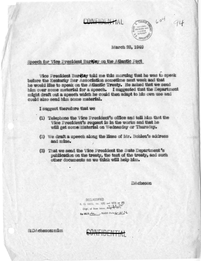 Memorandum of Conversation with Vice President Alben W. Barkley