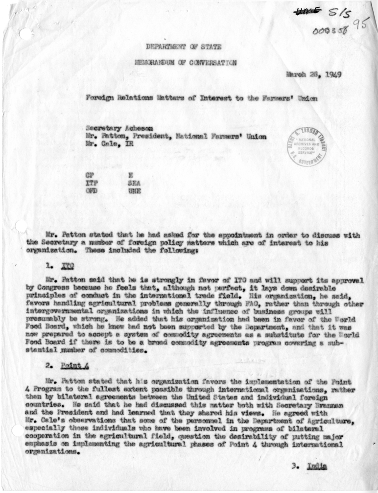 Memorandum of Conversation with National Farmers' Union