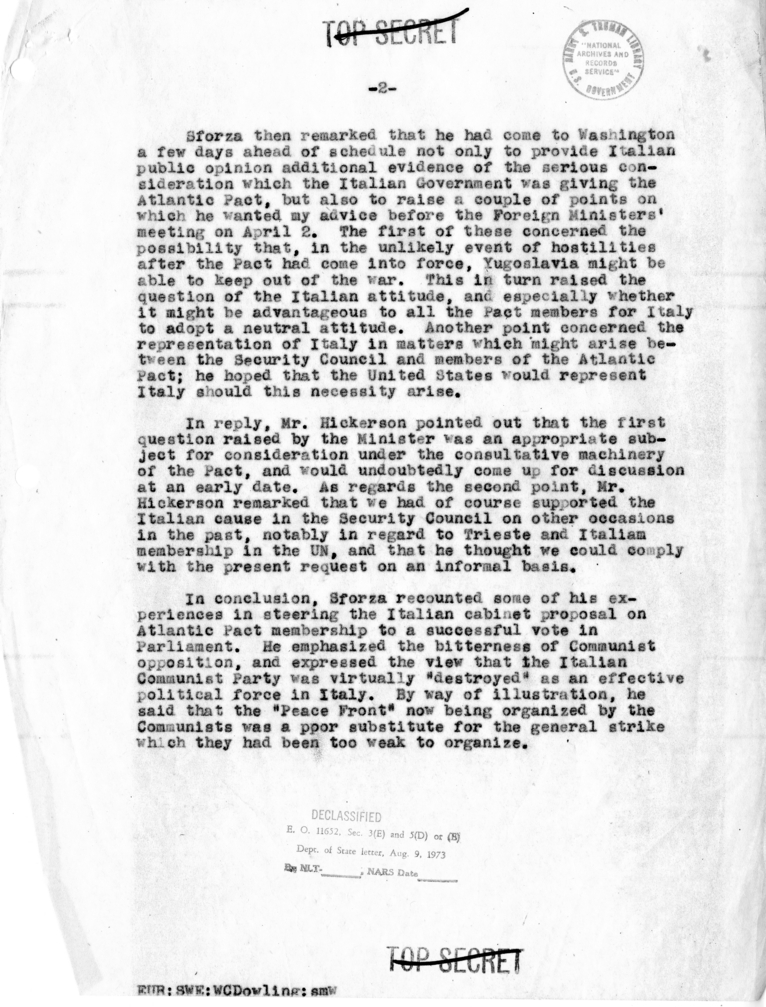 Memorandum of Conversation with the Foreign Minister of Italy and Others
