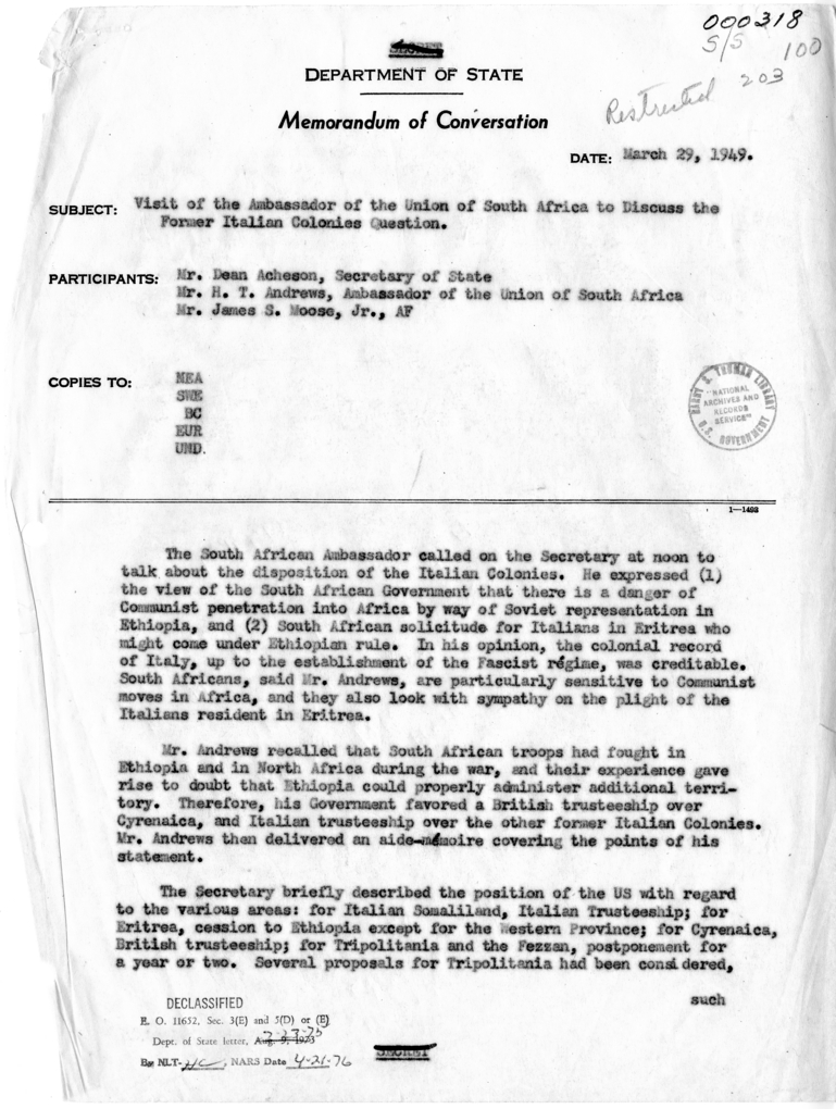 Memorandum of Conversation with the Ambassador of the Union of South Africa
